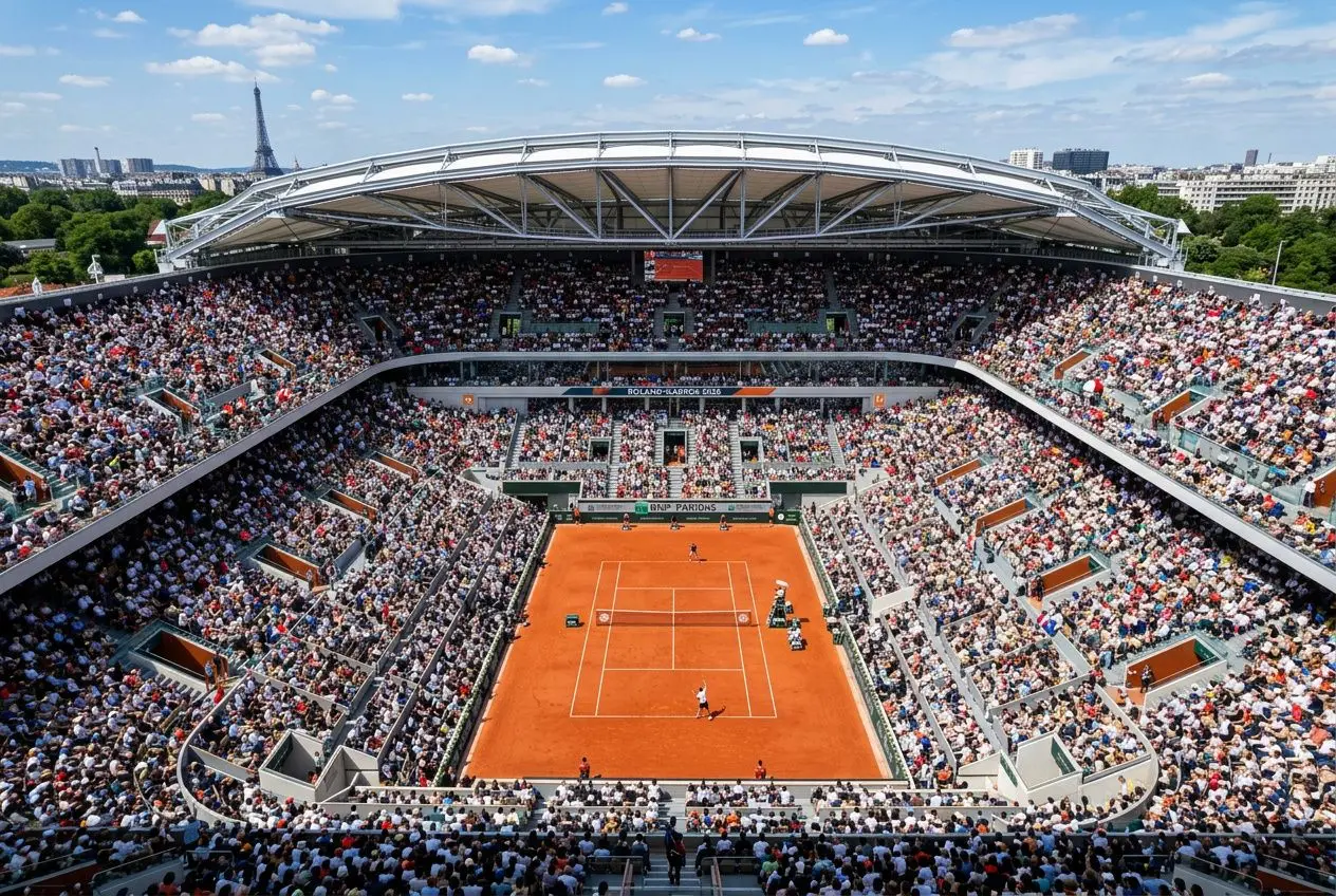 Vue panoramique sur le court central de Roland-Garros entouré de tribunes comblées lors d’un match, avec le site officiel à proximité et le ciel bleu. roland-garros 2026 billetterie.